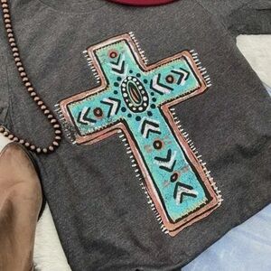 Main Strip Gray and Blue Short Sleeve Tee with Tribal Cross Design